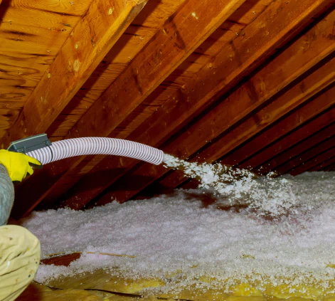 close up shot spraying blown fiber glass insulation